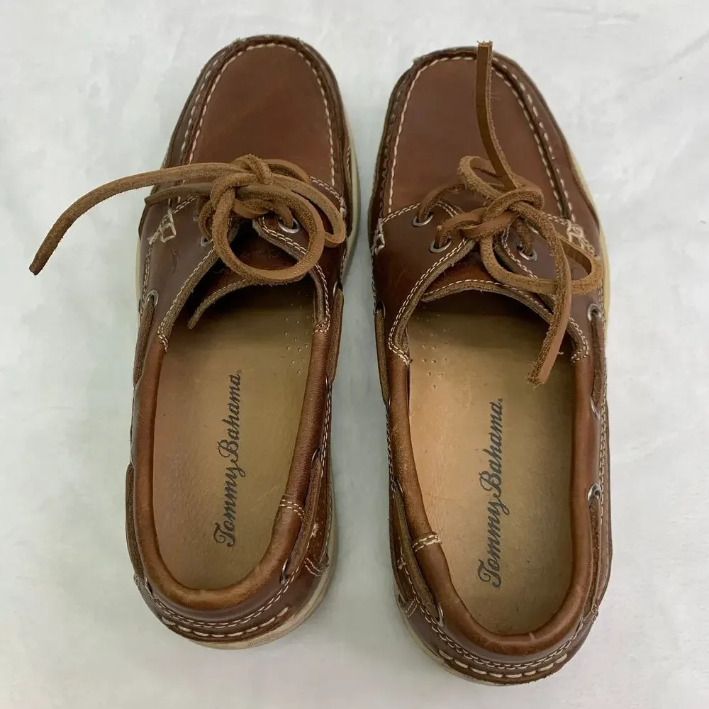 Tommy Bahama Mens 9 Captain Leather Boat Shoes Brown Slip On Shoes Casual